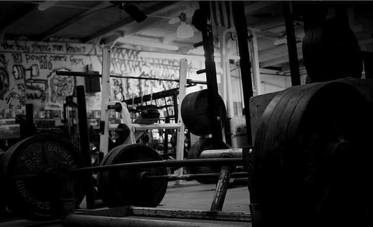 barbell lot, black and white, hall, rod, gym, fitness, HD wallpaper