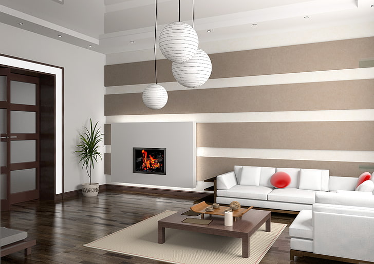 sofá de 2 plazas blanco, diseño, estilo, chimenea, sofá, salón, mesa, interior, sala de estar, Fondo de pantalla HD
