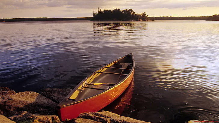 Canoa en un lago, naturaleza, tarde, lago, canoa, barcos, Fondo de pantalla HD
