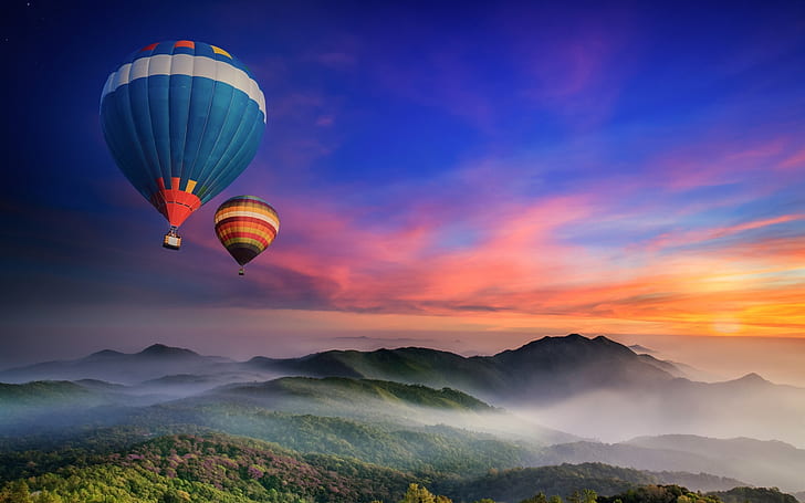 Hot air balloons flying, morning, dawn, sunrise, mountains, fog, Hot, Air, Balloons, Flying, Morning, Dawn, Sunrise, Mountains, Fog, HD wallpaper