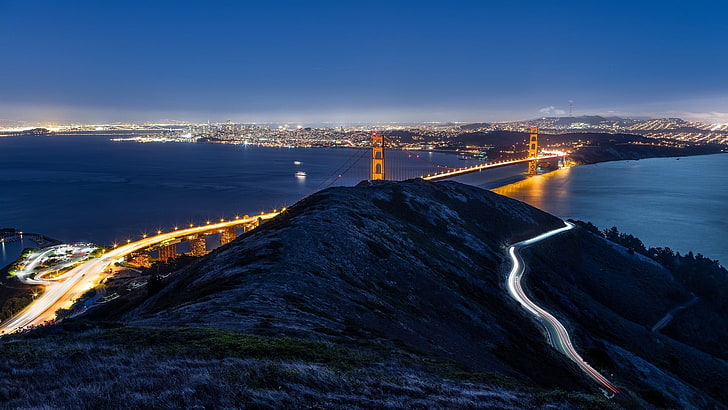 brun hängbro, stad, Golden Gate Bridge, landskap, USA, lång exponering, San Francisco, ljusa spår, HD tapet