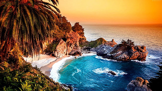 Биг Сур, Калифорния, плаж, САЩ, Тихия океан, океан, залив, брегова линия, крайбрежие, бряг, залез, лято, палма, HD тапет HD wallpaper