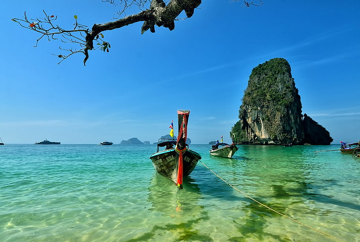 빨간색과 흰색 보트, 태국, 섬, Railay, HD 배경 화면