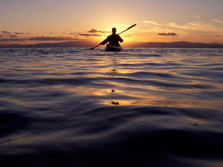 Kayaks, sunset, HD wallpaper