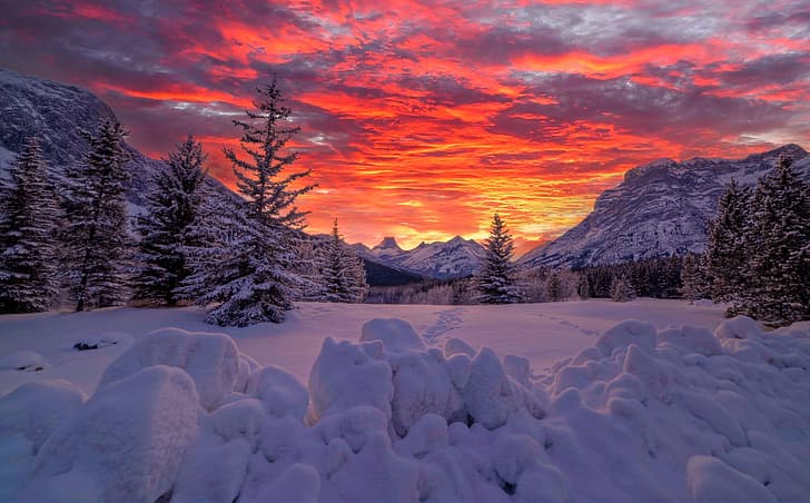 winter, snow, sunset, mountains, ate, Canada, the snow, Albert, Alberta, Canadian Rockies, Canadian Rocky Mountains, Kananaskis Range, HD wallpaper