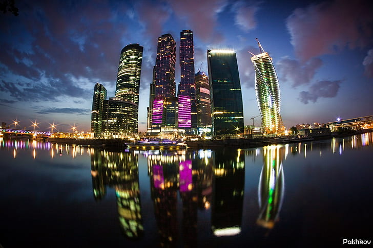 Moscow CIty, Moscow, cityscape, lights, reflection, HD wallpaper