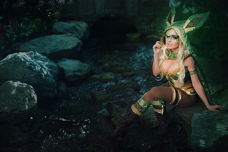 women's gold and green costume, Jessica Nigri, cosplay, cleavage, HD wallpaper HD wallpaper