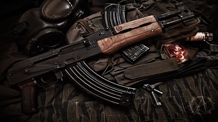 black rifle, vodka, gas masks, AK-47 Draco, S.T.A.L.K.E.R., HD wallpaper