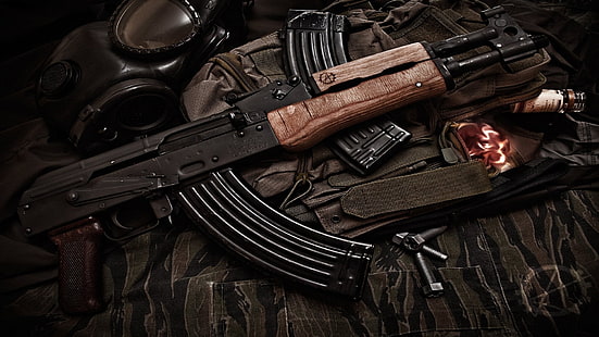 svart gevär, vodka, gasmasker, AK-47 Draco, S.T.A.L.K.E.R., HD tapet HD wallpaper