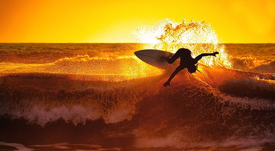 黄金の波、白いサーフボード、スポーツ、サーフィン、 HDデスクトップの壁紙 HD wallpaper
