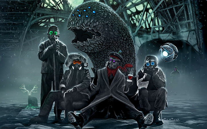 Románticamente apocalíptico, póster animado de 4 hombres con máscara de gas, cómics, 1920x1200, románticamente apocalíptico, Fondo de pantalla HD