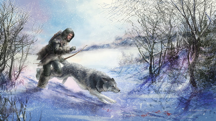 man holding bow running beside wolf wallpaper, animal, wolf, art, hunter, winter. snow. trees, HD wallpaper