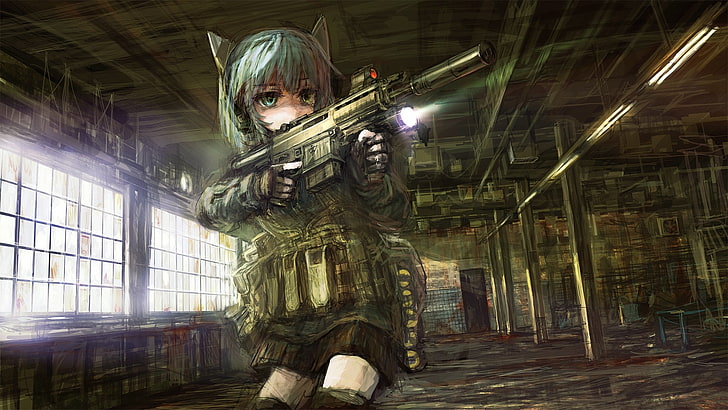 papel de parede digital de personagem fictícia de cabelos verdes, anime, meninas anime, arma, centro operacional, metralhadora, HD papel de parede