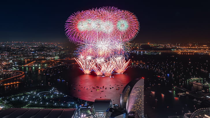 japan, fireworks, yokohama, HD wallpaper