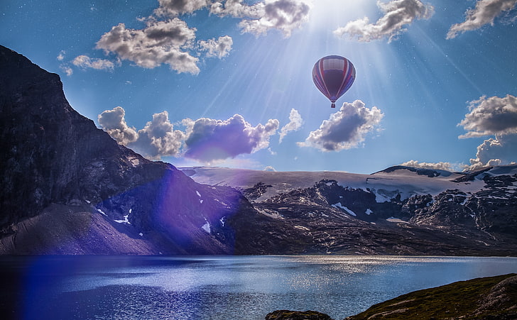 Hot Air Balloon Over Mountains, Nature, Mountains, View, Travel, Landscape, Balloon, Flying, Journey, Photoshop, Trip, Rays, Lake, dom, Aerial, Outdoors, Clouds, Europe, Norway, Adventure, Discovery, Sunlight, Explore, excursion, places, visit, hotairballoon, HD wallpaper