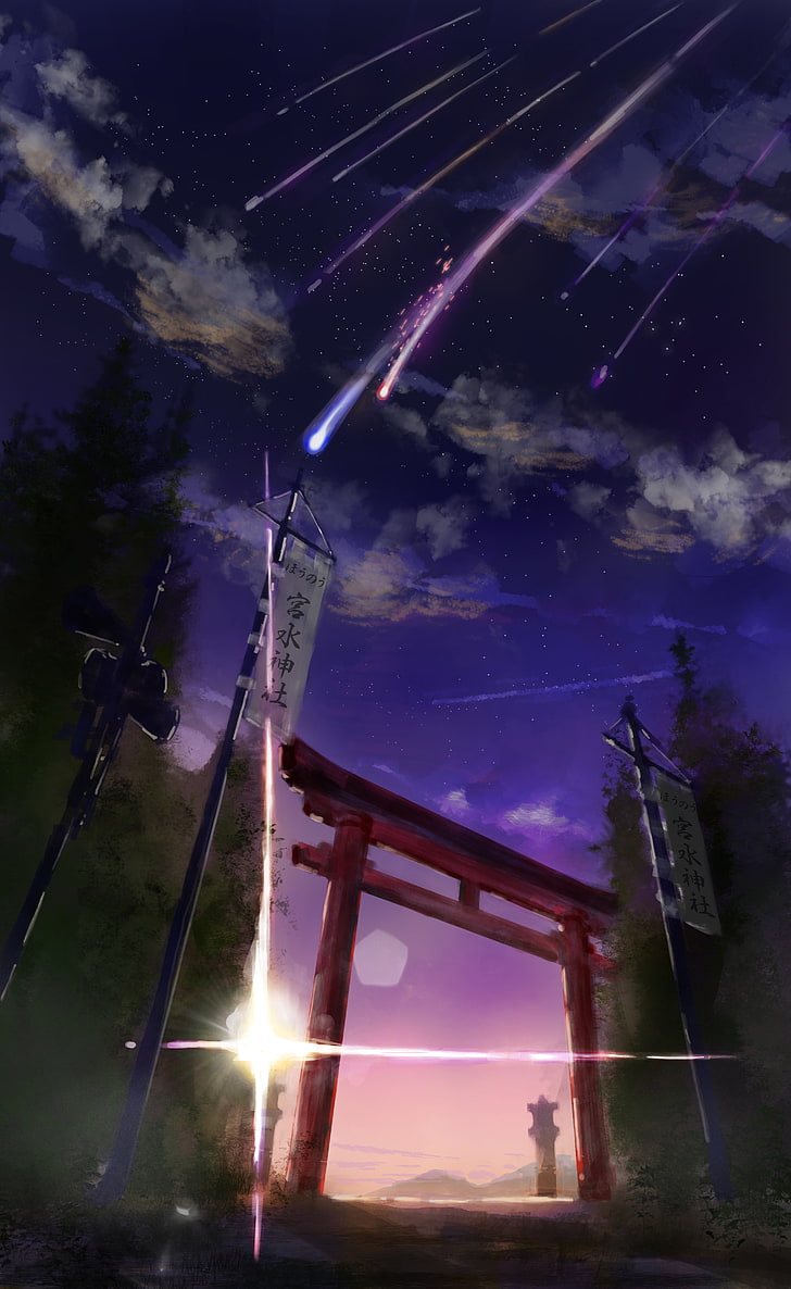 sfondo dell'applicazione di gioco online, Il tuo nome, Kimi no Na Wa, cielo, torii, meteore, Sfondo HD, sfondo telefono