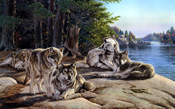 paintings artwork lakes sunbathing wolves 1920x1200  Nature Lakes HD Art , paintings, artwork, HD wallpaper