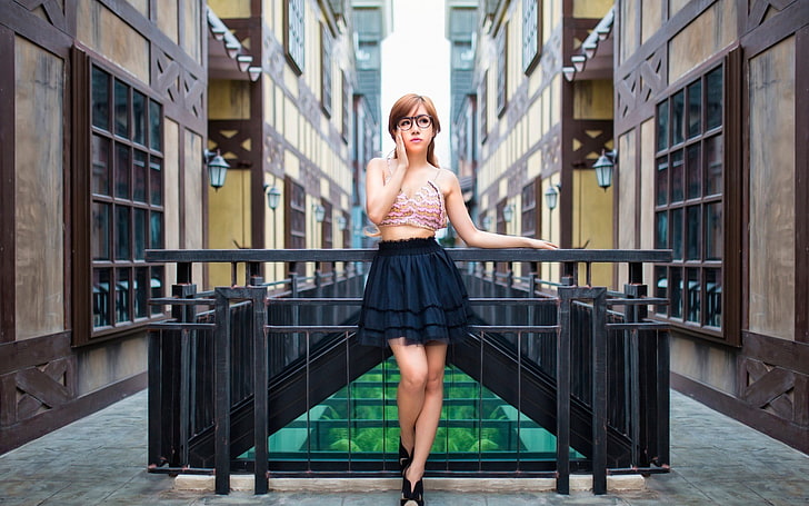 women, model, glasses, skirt, Asian, HD wallpaper