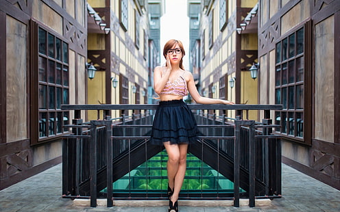 women, model, glasses, skirt, Asian, HD wallpaper HD wallpaper