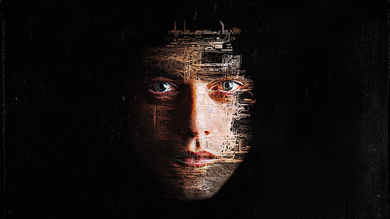 serial telewizyjny, Mr. Robot, Rami Malek, czarne tło, obwody, twarz, Tapety HD HD wallpaper
