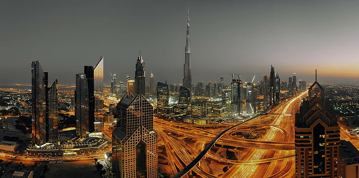 городской пейзаж, огни, длительная выдержка, Дубай, Бурдж Халифа, HD обои
