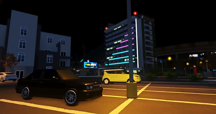 Roblox, Pacifico (Roblox Game), Bmw E30 m3, hotel, neon glow, street light, parking lot, Kia, HD wallpaper