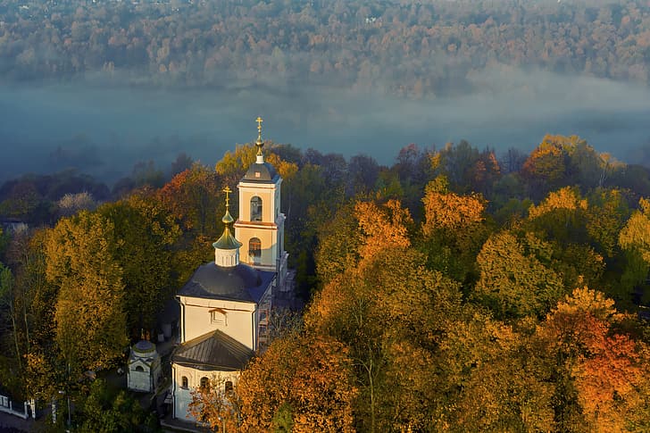 autumn, trees, fog, Church, Moscow, Russia, Kurkino, Temple of Vladimir icon of mother of God, HD wallpaper