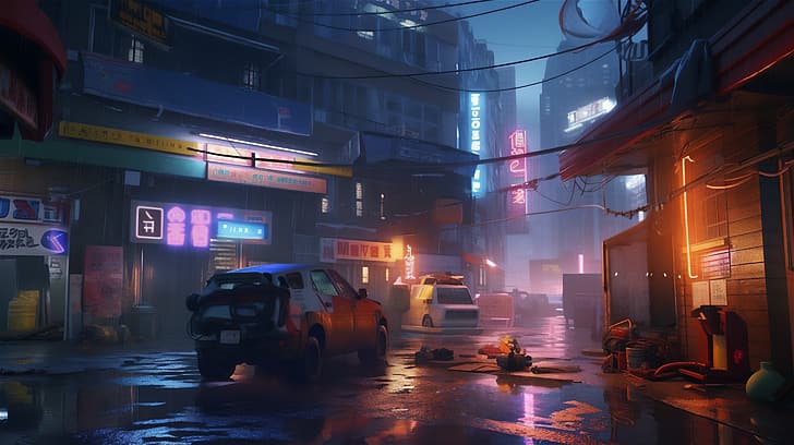 Seni AI, kota, jalan, ilustrasi, fiksi ilmiah, Blade Runner, cyberpunk, Wallpaper HD