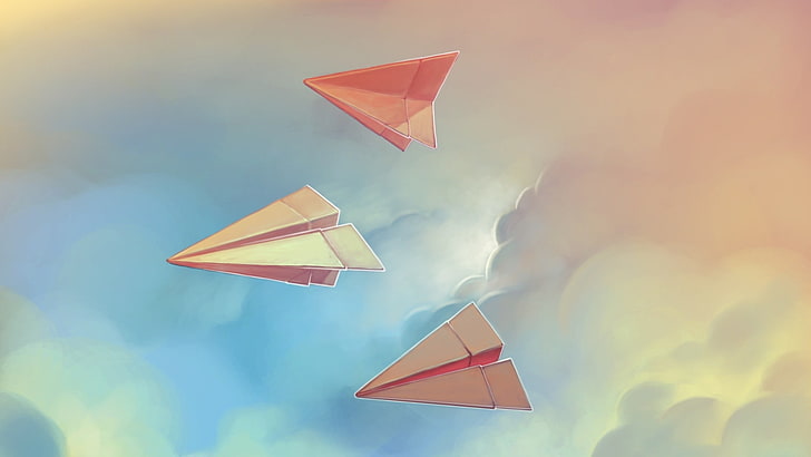 бумажный самолетик иллюстрация, бумага, произведение искусства, небо, облака, бумажные самолетики, бумажные самолетики, HD обои