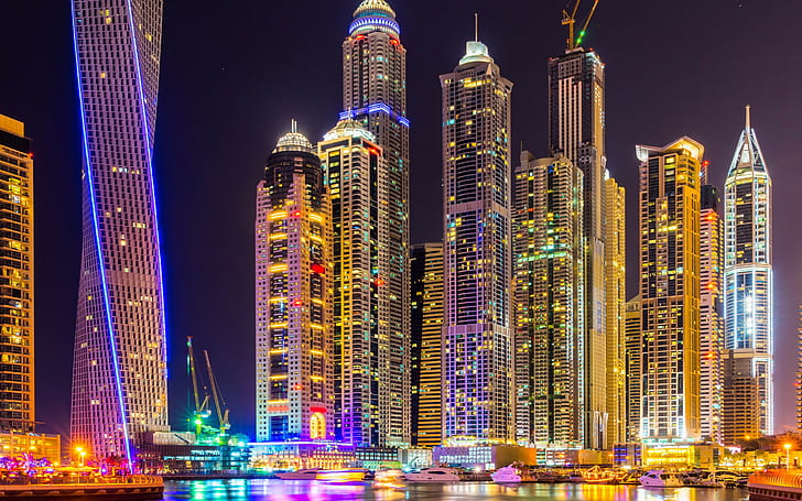 Дубай, город, Арабские Эмираты, Дубай, город, Небоскребы, здания, Ночь, огни, разноцветные, великолепие, Арабские Эмираты, HD обои
