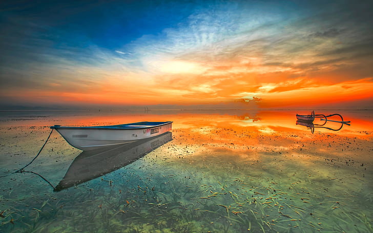 Indonesia Paisaje Atardecer Playa Lago Barco Naranja Cielo Reflejo