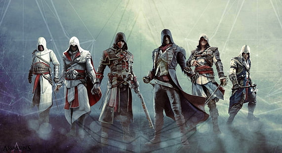 AC - All Main Protagonists HD, Assassin's Creed wallpaper, Games, Assassin's Creed, assassin's creed series, all assassins, assassin's creed Brotherhood, assassin's creed unit, assassin's creed 4, assassin's creed rogue, ezio, altair, connor kenway, arno dorian, shaycormac, edward kenway, drapeau noir, Fond d'écran HD HD wallpaper