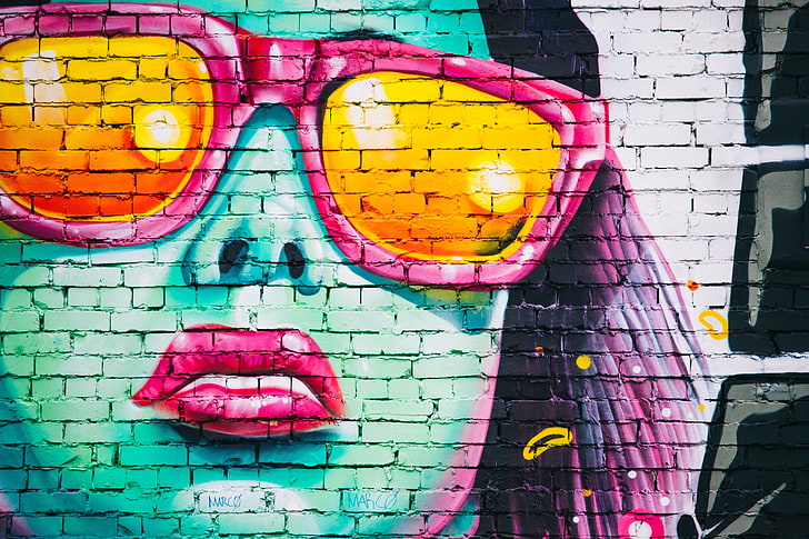 woman face wall painting, graffiti, wall, glasses, blue, HD wallpaper
