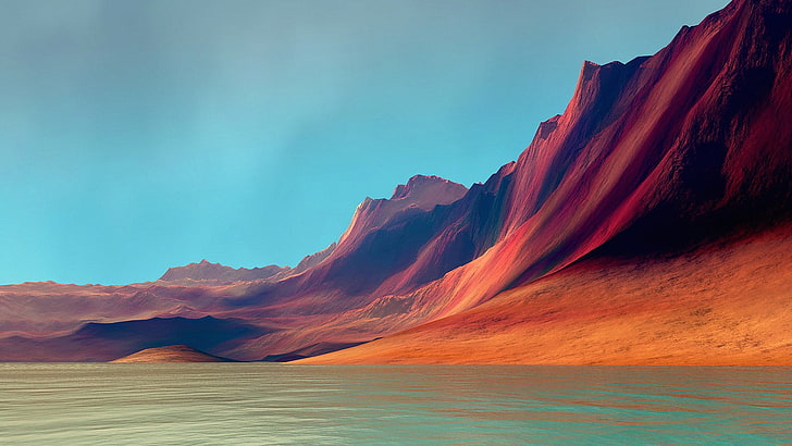gunung, seni digital, lanskap, bukit, air, danau, langit, pegunungan, ilustrasi, minimalis, Wallpaper HD