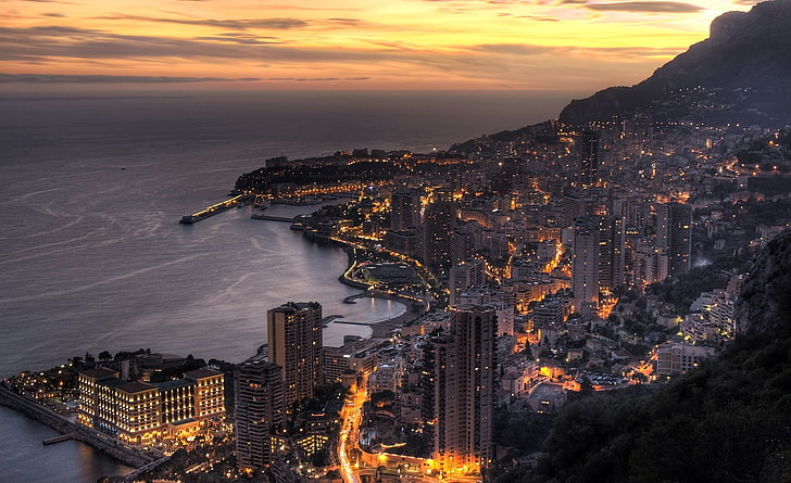 Monte Carlo, Mónaco, fotografía aérea de la ciudad, Europa, Otros, Ciudad, Viajes, Paisaje urbano, Anochecer, Mónaco, Monte Carlo, Fondo de pantalla HD