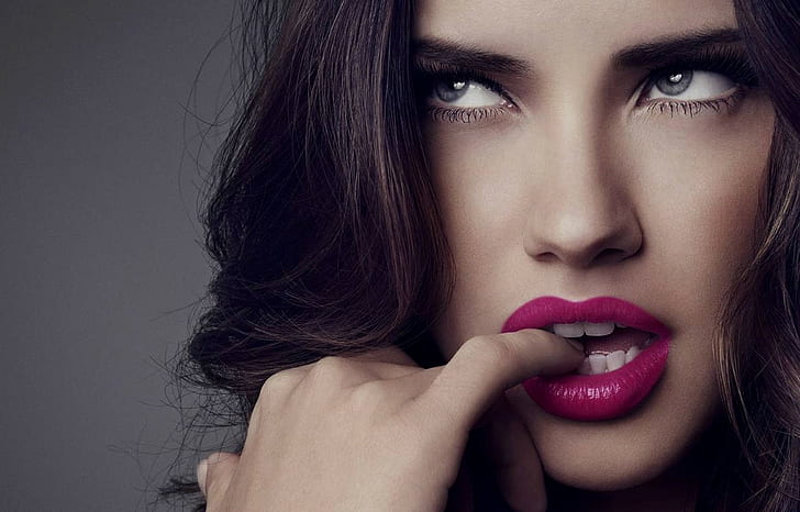 fingers  biting finger  makeup  finger in mouth  Victorias Secret  Adriana Lima  brunette  women  lipstick  hands, HD wallpaper