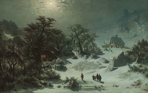 1857, óleo sobre tela, pintor tcheco, Galeria Nacional de Praga, noite de inverno, Adolf Kosarek, pintor de paisagens tcheco, HD papel de parede HD wallpaper