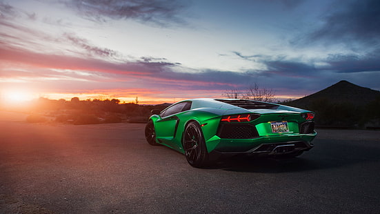 mobil hijau, mobil, mobil sport, kendaraan, hijau, supercar, lamborghini, langit, lamborghini aventador, Wallpaper HD HD wallpaper