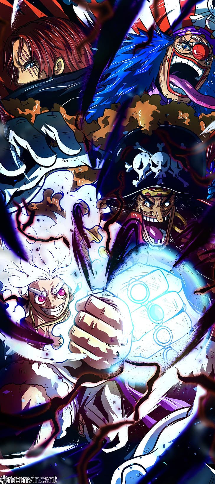 One Piece, Vincentnoon, Monkey D. Ruffy, Gear 5th, Marshall D. lehren, Shanks, Buggy (One Piece), HD-Hintergrundbild, Handy-Hintergrundbild