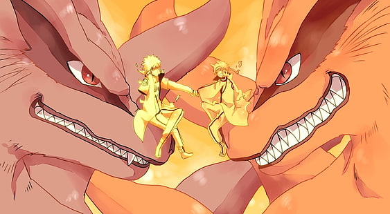 Naruto-Illustration, Anime, Naruto, Kurama (Naruto), Minato Namikaze, Naruto Uzumaki, HD-Hintergrundbild HD wallpaper