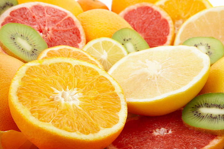 rodajas de frutas, cítricos, frutas, naranjas, limones, pomelos, corte, kiwi, Fondo de pantalla HD