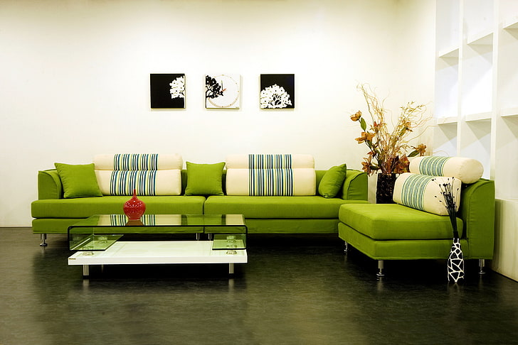 green sectional couch, interior, design, style, sofa, green, pillows, vases, table, painting, house, lounge, HD wallpaper