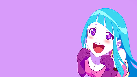 blue haired female anime character wallpaper, anime, ME! ME! ME!, TeddyLoid, blue eyes, violet eyes, cleavage, computer, HD wallpaper HD wallpaper
