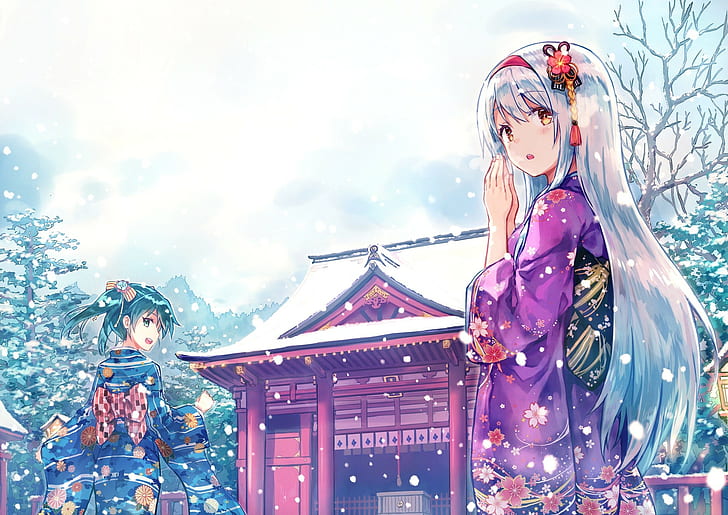 Kolekcja Kantai, anime girls, kimono, zima, tradycyjna odzież, japońskie ubrania, Shoukaku (KanColle), Zuikaku (KanColle), anime, śnieg, świątynia, Tapety HD