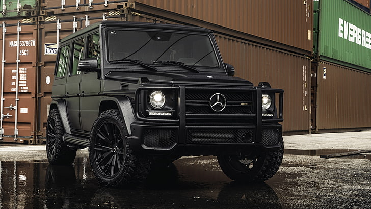 black Mercedes-Benz G-class SUV, Mercedes-Benz, container, G-Class, tires, G63 AMG, ship container, HD wallpaper