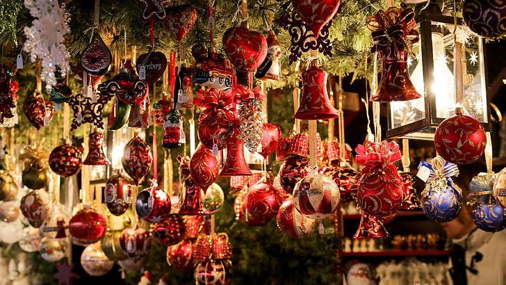 рождество, рождественский базар, рынок, рождественские украшения, рождественский орнамент, елочный шар, елочные шары, свет, украшения, HD обои