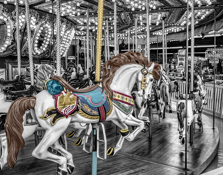 carousel, fun fair, funfair, hdr, lights, merry go round, playing, roundabout, royalty, whirligig, HD wallpaper