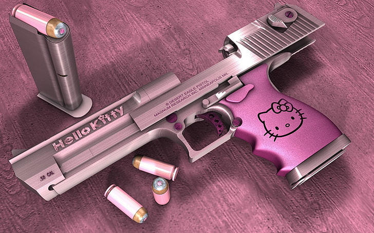 сив и розов полуавтоматичен пистолет Hello Kitty, Desert Eagle, Hello Kitty, пистолет, HD тапет