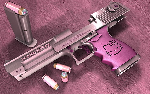gray and pink Hello Kitty semi-automatic pistol, Desert Eagle, Hello Kitty, gun, HD wallpaper HD wallpaper