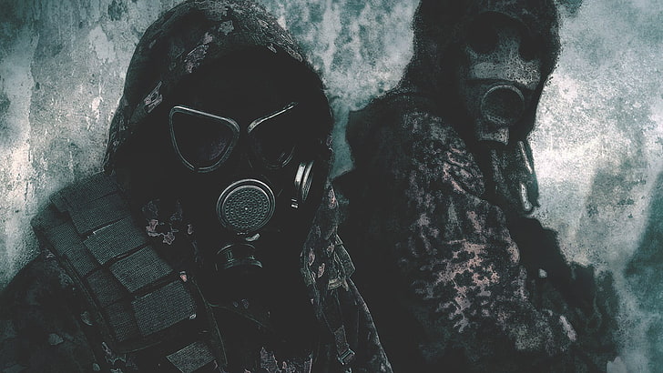 Tragende digitale Tapete der Gasmasken mit zwei Personen, Gasmasken, HD-Hintergrundbild